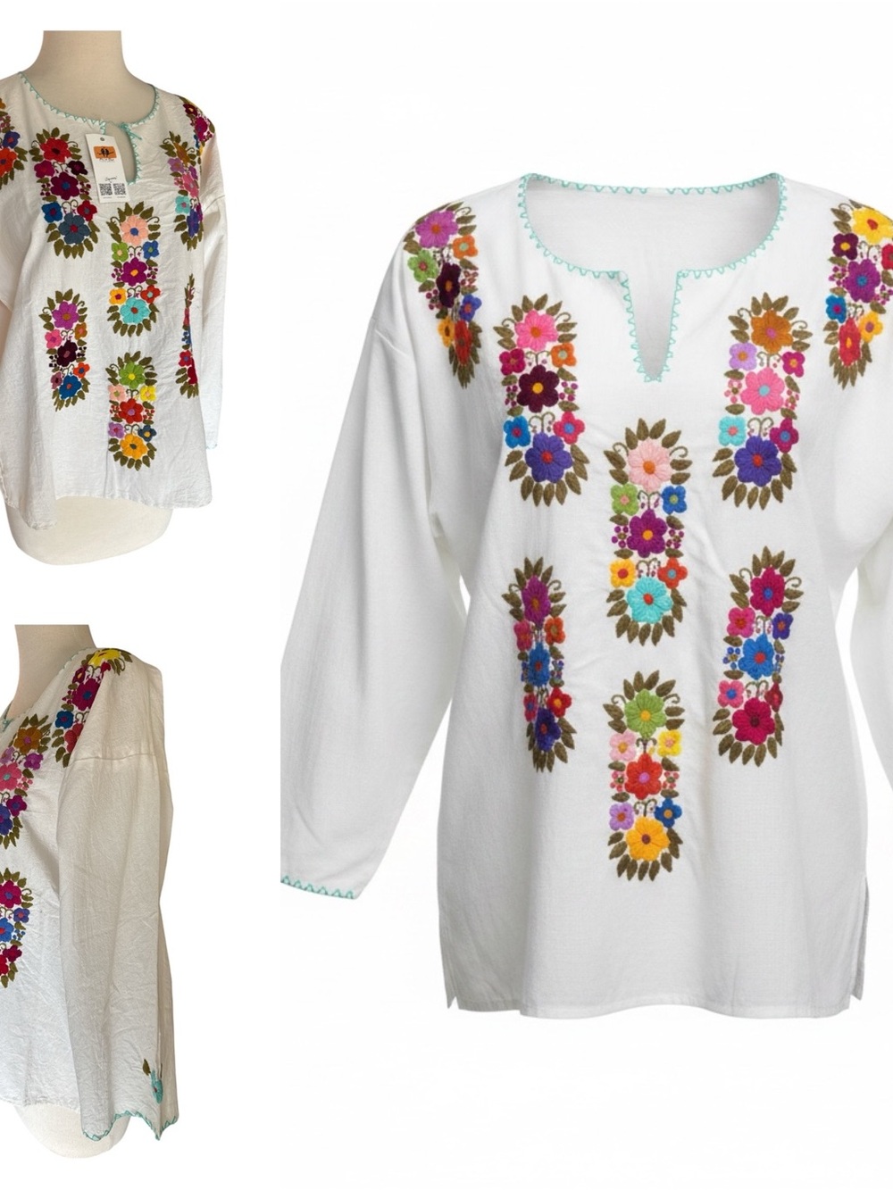 New Handmade Mexican Boho‎ Embroidered Tunic Shirt White Floral V-Neck Festival